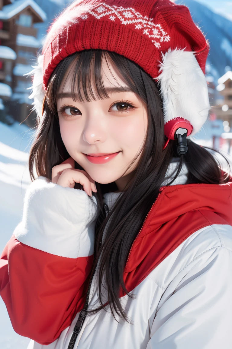 background； ski resort　Snowboarding Wear、Knitted hat（red）Earmuffs　smile　Charm