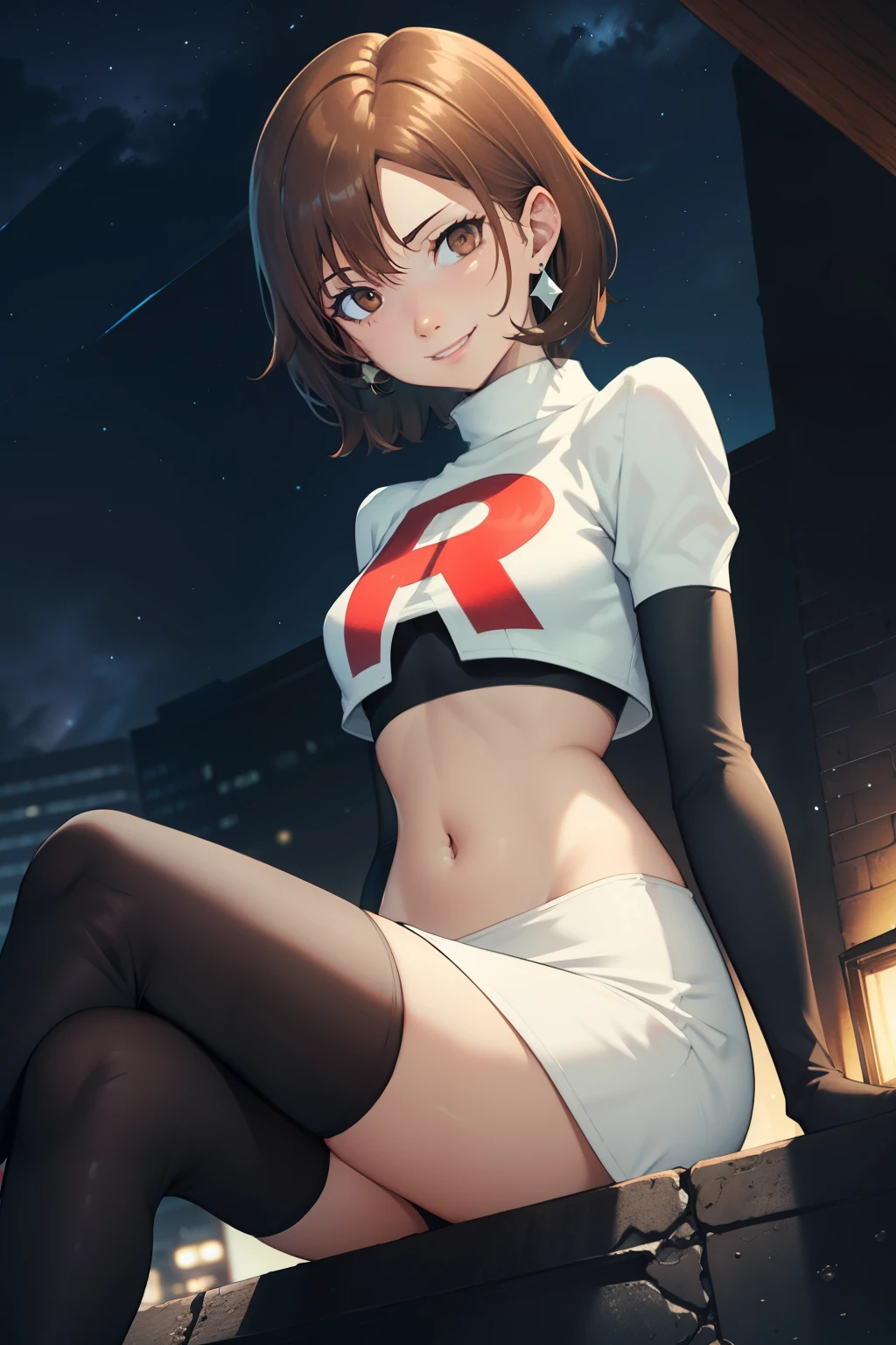 brown hair,brown eyes ,short hair, glossy lips, earrings ,team rocket, team rocket uniform, red letter R, white skirt, white crop top, black thigh-highs, black elbow gloves, evil smile, looking down on viewer, sitting down ,legs crossed, night sky background