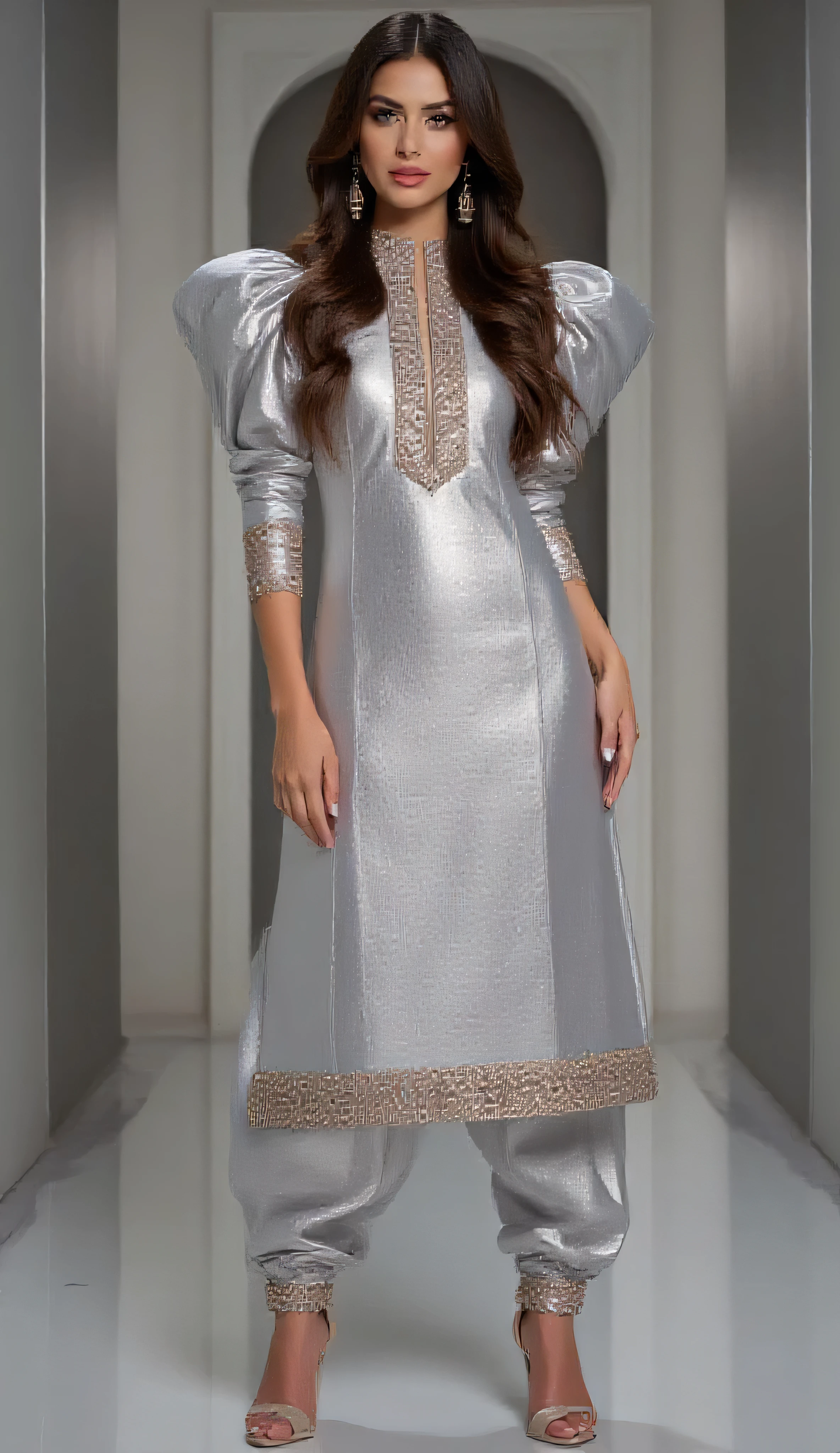 A tall figure competitor stands confidently in a sleek office room, her wavy hair cascading around her shoulders. She wears a silver leather satin foil multicolor lucknowi borders & neck studded with pearls mirrors & zarkons kurti with a high neck and three-quarter sleeves, accentuated by exaggerated puffy shoulders. The kurti pairs elegantly with a Patiala-style shalwar and high heels, adding to her commanding presence. With a flirtatious expression, she exudes both strength and style, embodying a perfect blend of femininity and athleticism.