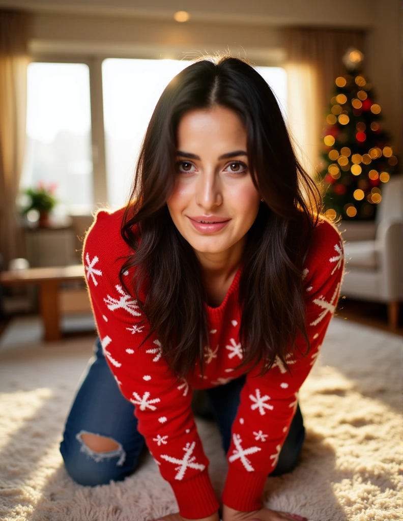 
katrina , a young woman with a radiant complexion, kneels on a soft carpet in the living room of a chic Gurgaon apartment, bathed in the gentle, golden sunlight of a winter morning. She is dressed in a vibrant red Christmas-themed sweater adorned with playful snowflakes and reindeer patterns. The scene focuses intently on her face, capturing every nuance of her expression. Her cheeks are flushed, her dark eyes wide with a blend of mischief and embarrassment, as if caught in a playful moment. A soft smile tugs at the corners of her lips, hinting at a secret amusement. Her hands are frozen mid-motion, gathering her dark, silky hair into a tie, adding to the charm of the candid moment. Behind her, the apartment glows with the warmth of sunlight streaming through large windows, while festive decor, including a twinkling Christmas tree, softly frames the background.