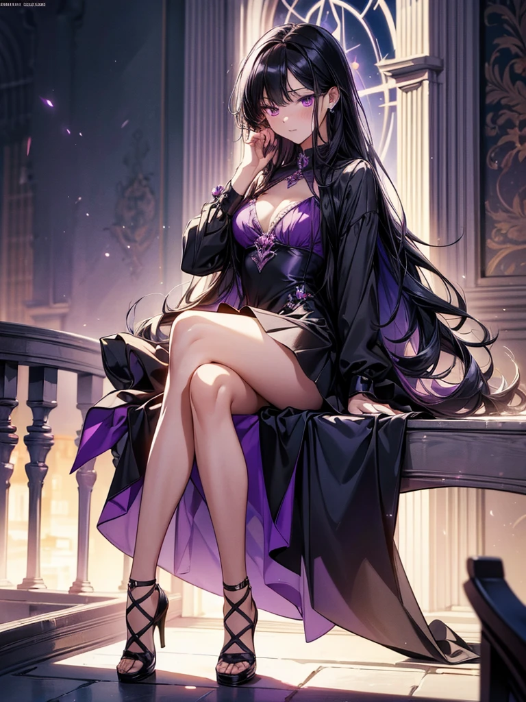 ((16ｋ,Raw photography,top-quality,hight resolution,Ray tracing,PBR Texture,Post-processing,)),(((Purple Leather China Skirt , Cute Japan anime girl,魔法少女まどか☆マギカ,Homura Akemi,long wavy dark blue hair,Emphasize cleavage,bare hand,Thin leg,))),(finerly detailed face:1.4),(​masterpiece:1.4),(top-quality:1.4), Beautiful fine skin,(cute little:1.5),(Complex black stockings),pin heels,Leather luster 3.0,Beautiful skin,(Light Purple Bodycon),((tthin eyebrows,long eyelashes,smil,二重まぶた,)),Real Photo Stick,Sofa in the hotel lounge,No title required,Do not wear anything on your shoulders, Awkward figure, or hands,Thin beautiful legs,Staring from the front,Cheongsam with beautiful pattern,