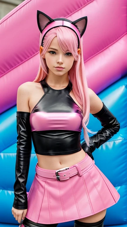  teenager with pink hair ,  slim model , pink leather BH , leather skirt pink ,  leather arm warmers blue,  knee-high leather boots, Cat ears, bouncy castle

