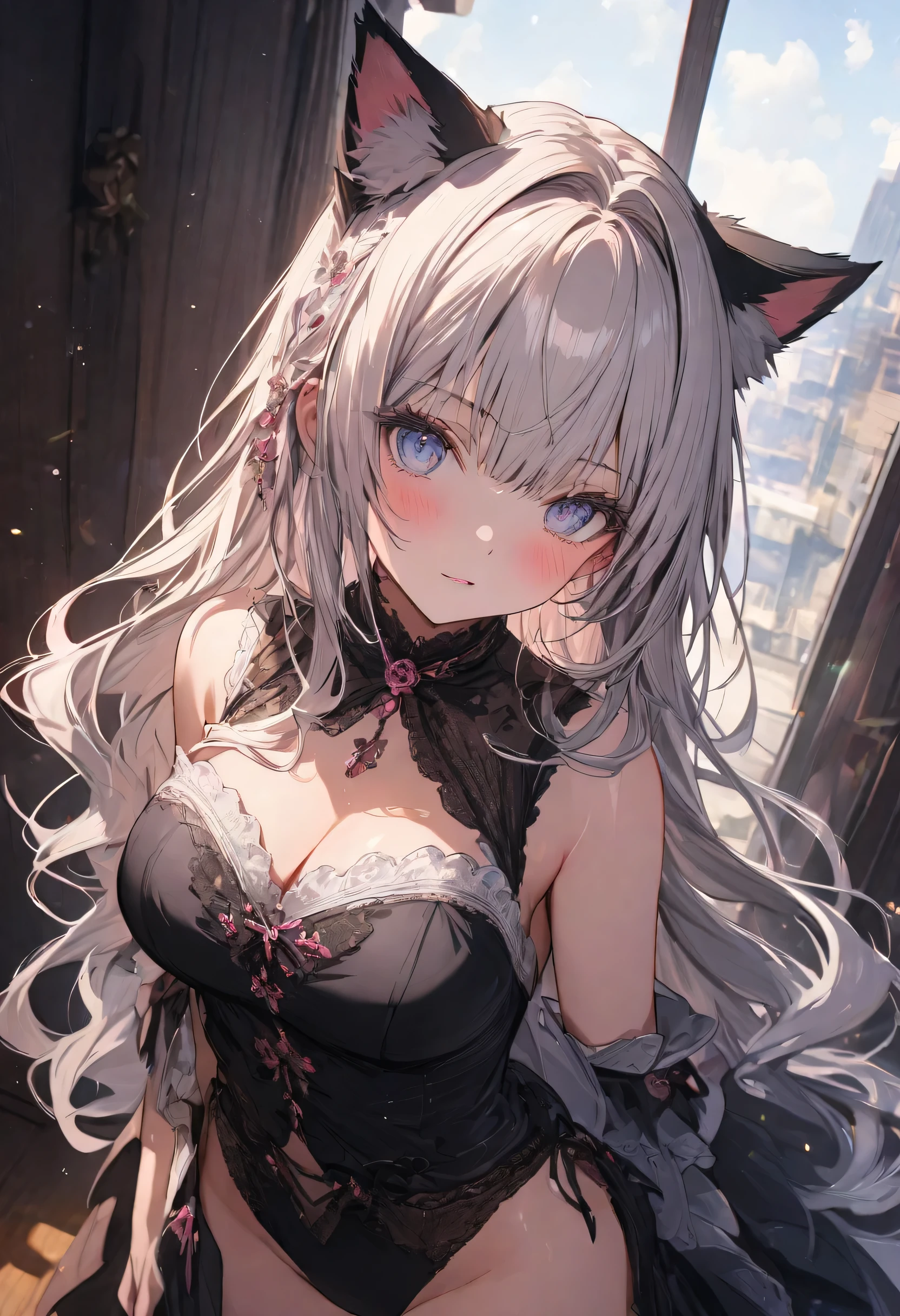 girl, busty, succubus, long gray hair, pale skin, heart-shaped light blue eyes, fangs, cat ears,