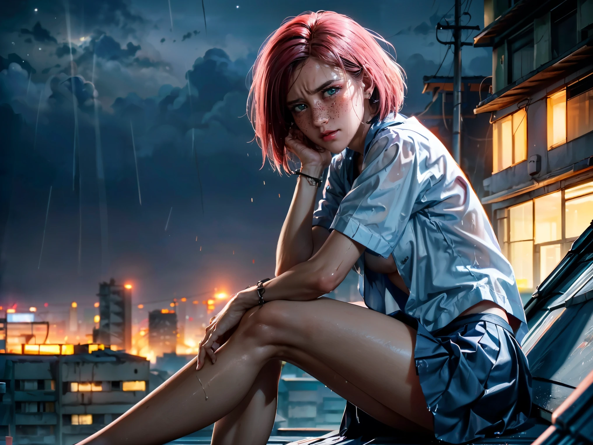 (((Full-length portrait a depressed girl sitting on the edge of zinc roof))), (rain drop:1.3), (white school girl uniform, pleated skirt:1.3), (cityscape:1.2), (rainy city:1.3), (the milky way in the sky, beautiful night sky, stars:1.4), (dusk:1.2), (small breasts), photoreal, panoramic anamorphic, looking across the shoulder, (masterpiece), (see through:1.2), (soaking wet:1.1), (sexy, low three-quarter angle shot:1.35), (cyber slums:1.2), (slums town on top:1.36), (cyberpunk 2077), beautiful neon city, (pink hair), multicolored eyes, multicolored hair, (bob cut),
