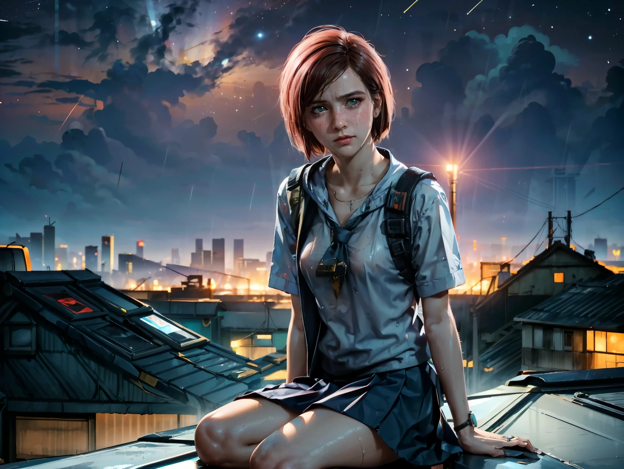 (((Full-length portrait a depressed girl sitting on the edge of zinc roof))), (rain drop:1.3), (white school girl uniform, pleated skirt:1.3), (cityscape:1.2), (rainy city:1.3), (the milky way in the sky, beautiful night sky, stars:1.4), (dusk:1.2), (small breasts), photoreal, panoramic anamorphic, looking across the shoulder, (masterpiece), (see through:1.2), (soaking wet:1.1), (sexy, low three-quarter angle shot:1.35), (cyber slums:1.2), (slums town on top:1.36), (cyberpunk 2077), beautiful neon city, (pink hair), multicolored eyes, multicolored hair, (bob cut),
