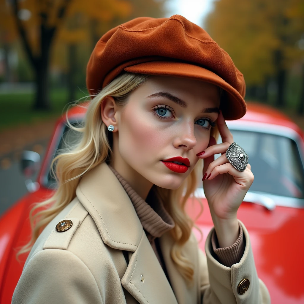 (best quality,4k,8k,highres,masterpiece:1.2),ultra-detailed,(realistic,photorealistic,photo-realistic:1.37),wes anderson style photo,35mm film,girl dressed in red with blue shoes and hat,golden light,serene faces,distinctive noses,cityscape photographer,curly hair,young. Masiela Lusha