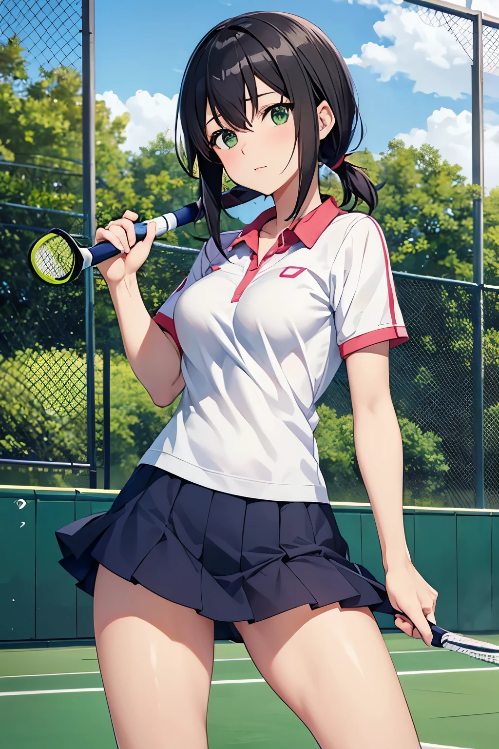 ((Tabletop, Highest quality, High resolution, Hmph, Pixel perfect, 4K, Hmph, Hmph))), 1 Girl, single, alone, Beautiful woman、I could see the whole body、Angle from behind、Angle looking up from the feet、I can see your butt、Her butt is facing me、 Standing and legs open((Short Wavy Hair, bangs, Brown Hair)), ((Brown eyes, Beautiful eyelashes, Realistic eyes)), ((Detailed face, blush:1.2)), ((Smooth texture:0.75, Realistic texture:0.65, Realistic:1.1, Anime CG Style)), Medium chest, Dynamic Angle, Perfect body, ((White tennis wear、White short sleeve shirt with collar、Blue ruffled skirt、White tennis shoes、The wind blows up my skirt))、Tennis court、Very embarrassing panic smile、Pink Panties、Not wearing a bra、Nipples are visible、I'm sweating a lot