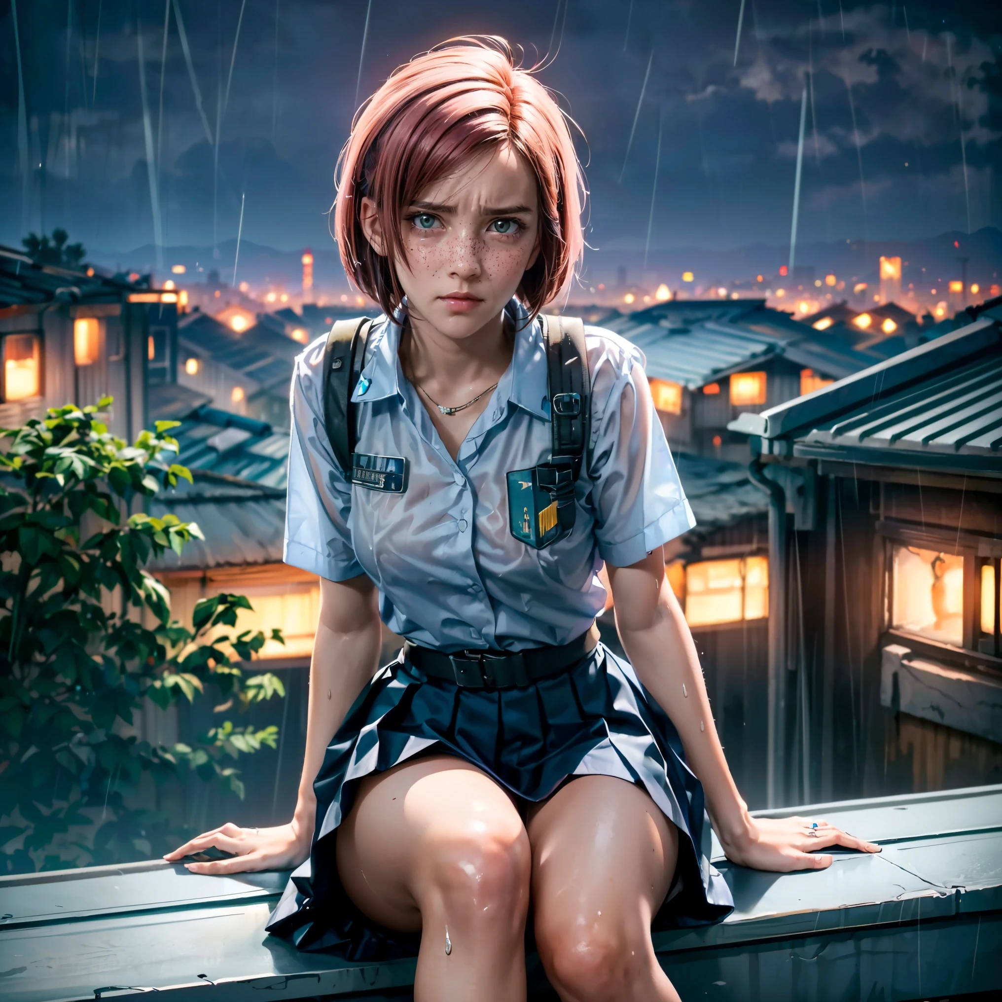 (((Full-length portrait a depressed girl sitting on the edge of zinc roof))), (rain drop:1.3), (white school girl uniform, pleated skirt:1.3), (cityscape:1.2), (rainy city:1.3), (the milky way in the sky, beautiful night sky, stars:1.4), (dusk:1.2), (small breasts), photoreal, panoramic anamorphic, looking across the shoulder, (masterpiece), (see through:1.2), (soaking wet:1.1), (sexy, low three-quarter angle shot:1.35), (cyber slums:1.2), (slums town on top:1.36), (cyberpunk 2077), beautiful neon city, (pink hair), multicolored eyes, multicolored hair, (bob cut),
