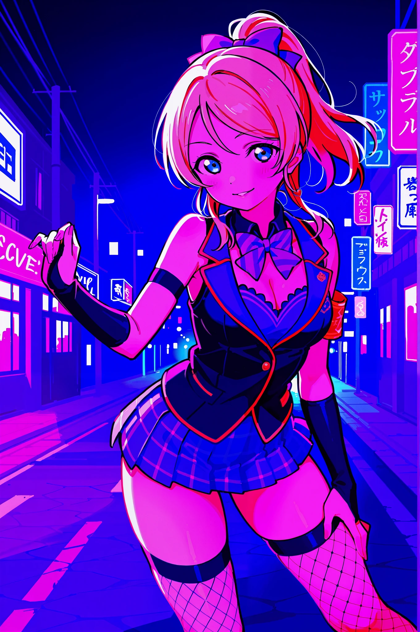 (watercolor:0.4),(pastelcolor:0.4), 1girl, solo, ayase eri, love live!, blonde hair, ponytail, blue eyes, school uniform, micro skirt, bridal gauntlets, heart bowtie, armband, purple bow, fishnet thighhighs, cleavage, street, night, dark, seductive_smile, neon,