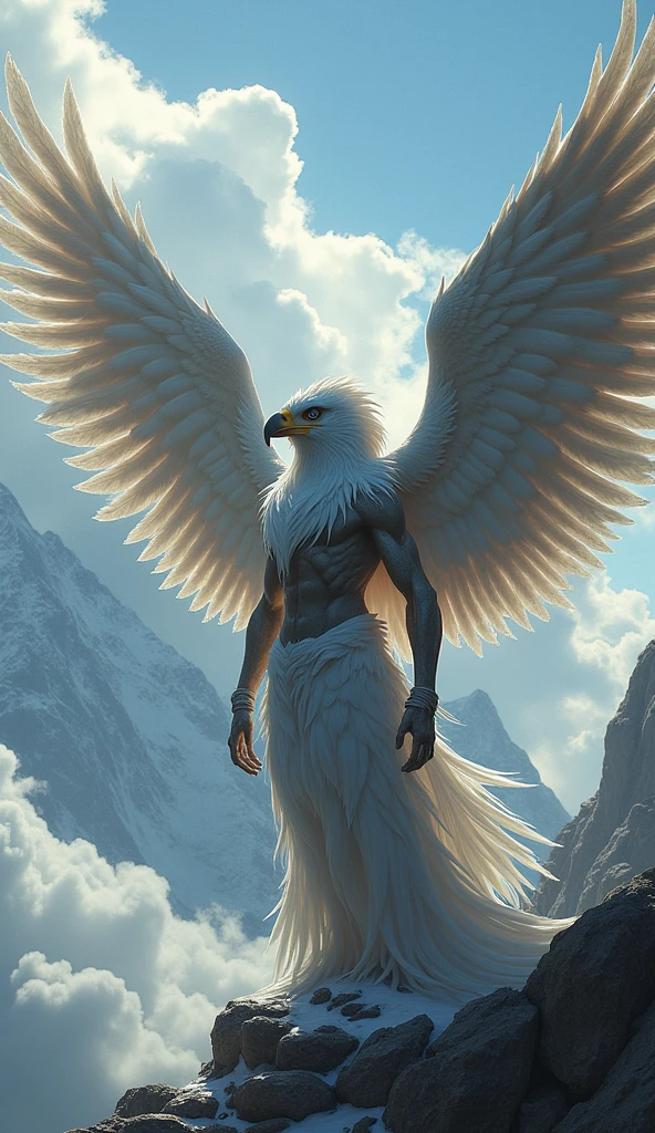 man, twenty four years old, white long hair, wearing white suit, strong body, calm face, golden eyes, long distance view, wide angle image, no beard, front angle view, flying above the clouds, cloudy day, dark clouds, giant sun at the horizon, an eagle flying beside the man