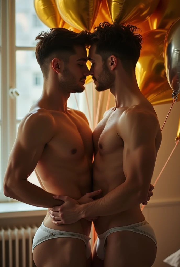 (8K, RAW photo, Highest quality) masterpiece, 1 boy, Look back at viewer, standing backward, showing his huge , round ass,rrow waist, ass up e, he is holding a plate with a birthday anniversary cake. The cake is big-sized, Huge birthday cake.Handsomee, Topless, No body hair, clean cut, wearing nothing completely naked, bir  background, Sparkle & Sequin Backdrops , cinematic lighting, UHD