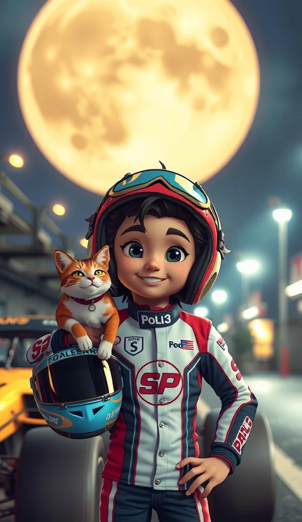 3D Cartoon a Smile Thai boy messy hair goggles on head and calico cat . He’s dressed in a white-blue-red Racing suit "SP", he holding helmet No 2, a Calico cat on his helmet, he standing beside racing car, Night ,super moon (Big Moon). 