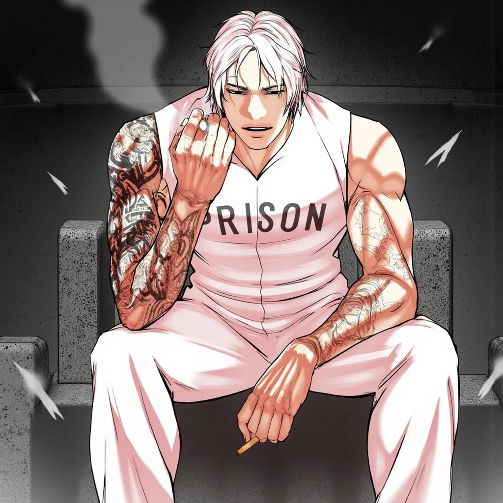 A character from the "Lookism Manhwa" a muscular man with short, spiky white hair and a stern expression, wearing a white jumpsuit with "Prison" written on the chest. He is sitting on a metal chair with his legs crossed, one hand resting on his knee, and the other holding a cigarette. He has a tattoo on his left arm and a serious, intense gaze.