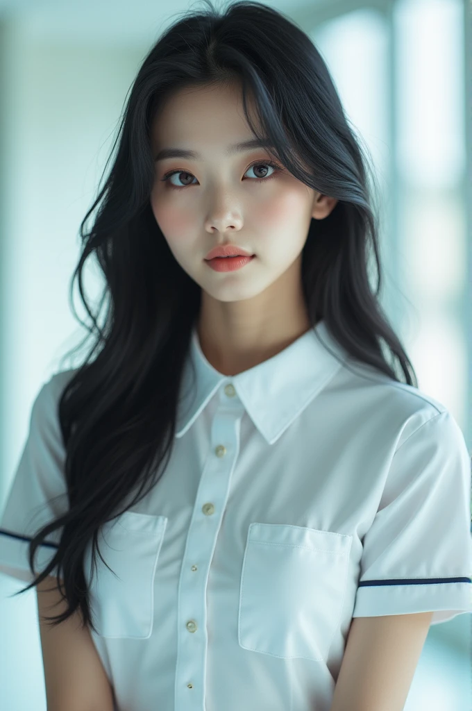 highest quality, masterpiece, (realistic:1.4), 1 girl, light smile, collared shirt, Upper body, dramatic lighting, from below,big breasts,long black hair
