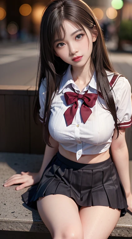 1ung girls, Beautiful girl of the highest grade, Super beautiful detailed face, (Beautiful breasts), (hi-School uniform with wide open breasts:1.3), Highest Quality, Highest image quality, Top resolution, RAW Photos, Realistic, Photorealsitic, ultra detailed and beautiful, highest details, Beautiful fair skin and luster, Beautiful big eyes, Small mouth and thin lips, Long black hair blown in the wind, Good style and slenderness, portrait of cute girl, (((Bokeh))), depth of fields,