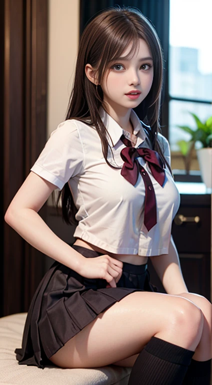 (8k、RAWphotograph、highest quality、masterpiece:1.2),(spread your legs wide,spread your legs wide open),(Rose twin tails and scrunchie)、((quite slender limbs))、looking at the viewer,Looking at the front,strong,erotic,student,White、bra is very,white skin,knees,(black pantyhose),absurd,small face,前hairを真ん中から分ける、I can see the forehead,(please be shy,きついeye,glare,strong,skinny,skinny,I get irritated)、masterpiece,highest quality、ultra high resolution,raw panties,only,beautiful feces,one person, one personで,whole body、cute、Return to student,JK uniform,high school girl,japanese woman,Are standing,(Photoreal:1.37)、photon mapping,realistic、cutesmall face,Brownのeye、(red bow tie)、radio city、物理ベースのonlyダリング、Qianyoshi、written boundary depth、blurred background、photograph,girls、body,beautiful feet, long legs, thin legs,Tie your hair into one strand on your chest,(前hairが見える), hair, lips, green_eye, soft nose,(white shirt), (Brown, Beige and white plaid pleated skirt), kneesが見える,thin clothes,, thigh, black cotton socks,Nogizaka Idol, actress, Japanese ID、big and full breasts、cleavage、Unbutton your shirt and look at your chest、(The detailed shape of the female genitals is clearly visible: 1.4), masturbation girl,whole bodyphotograph、lift up the skirt yourself、super fine、low person、、、No bra、No bra、No pubic hair、genitals are wet、School、Inside the school building、Schoolの廊下、Black kneese-high stockings、Black kneese-high socks、