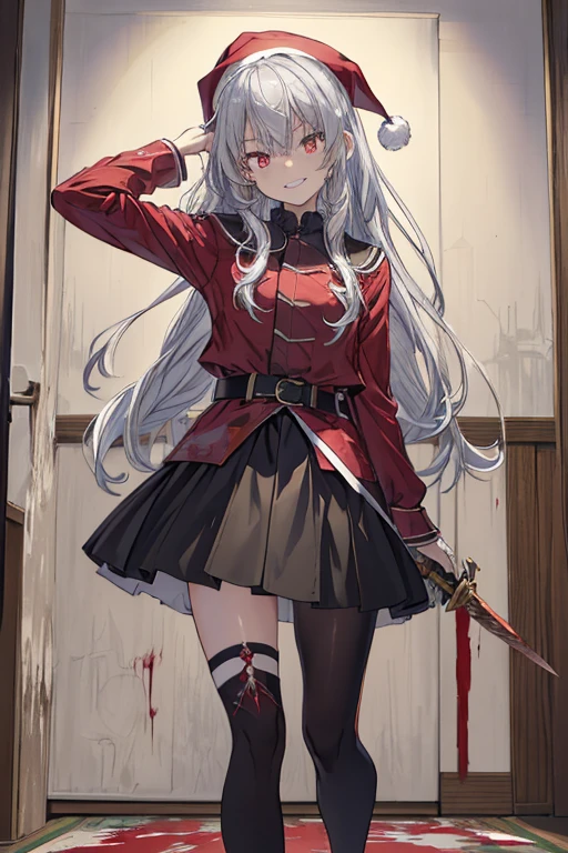 (from below:1.2),((1girl, silver hair, long hair, evil red eyes, crazy eyes, crazy smile:1.5, ), (santa clothes, santa hat, black tights, santa boots), (((holding ominous japanese sword ))), ((battlescene,slashilg,killing the mafia,blood splash)), (indoor, party room, christmas party), ((masterpiece:1.5)), ((best quality:1.5)), (ultra-detailed:1.5), (cinematic lighting, cinematic posing), (with sparkling eyes and a contagious smile),her thin pubic hair:1.2, looking at viewer