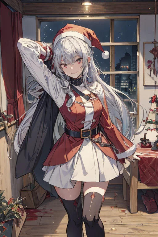 (from below:1.2),((1girl, silver hair, long hair, evil red eyes, crazy eyes, crazy smile:1.5, ), (santa clothes, santa hat, black tights, santa boots), (((holding ominous japanese sword ))), ((battlescene,slashilg,killing the mafia,blood splash)), (indoor, party room, christmas party), ((masterpiece:1.5)), ((best quality:1.5)), (ultra-detailed:1.5), (cinematic lighting, cinematic posing), (with sparkling eyes and a contagious smile),her thin pubic hair:1.2, looking at viewer