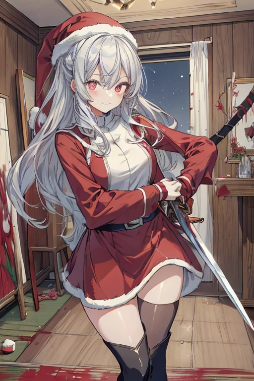 (from below:1.2),((1girl, silver hair, long hair, evil red eyes, crazy eyes, crazy smile:1.5, ), (santa clothes, santa hat, black tights, santa boots), (((holding ominous japanese sword ))), ((battlescene,slashilg,killing the mafia,blood splash)), (indoor, party room, christmas party), ((masterpiece:1.5)), ((best quality:1.5)), (ultra-detailed:1.5), (cinematic lighting, cinematic posing), (with sparkling eyes and a contagious smile),her thin pubic hair:1.2, looking at viewer