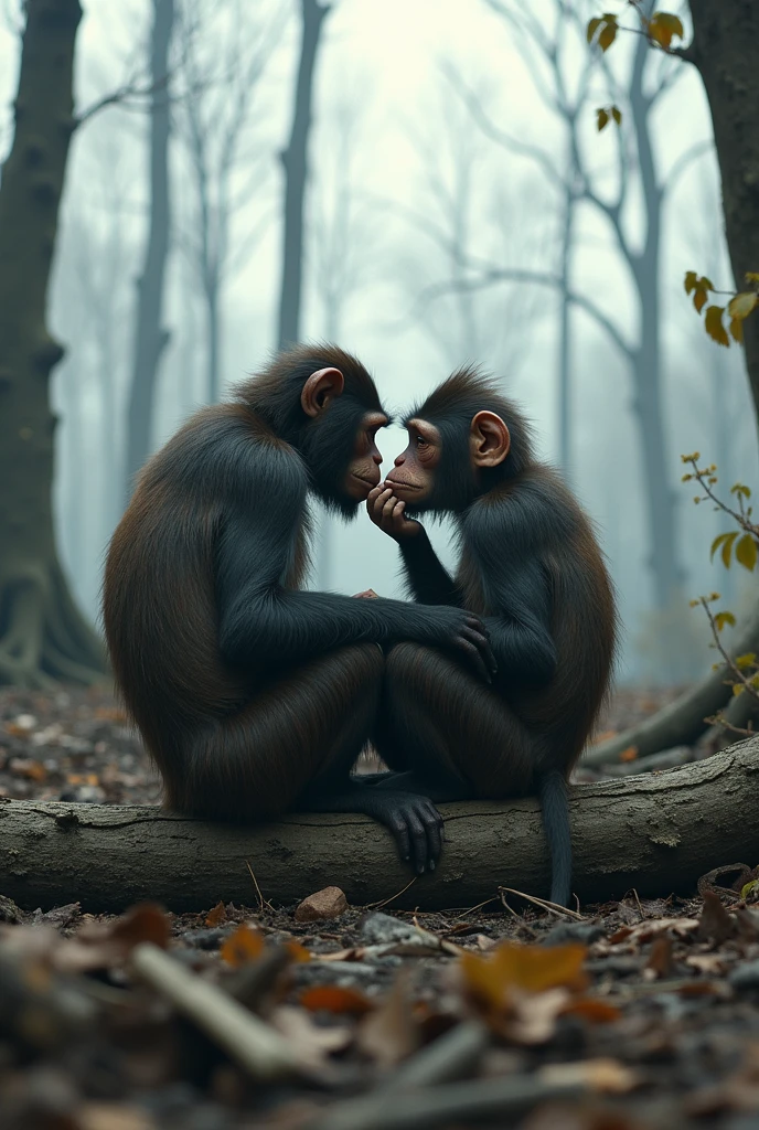The monkey and the ren sitting together on a log in the devastated jungle. The ground is covered with tree stumps, and the sky appears gray. The ren are consoling the monkey, who looks heartbroken. The scene conveys a sense of loss and sadness.