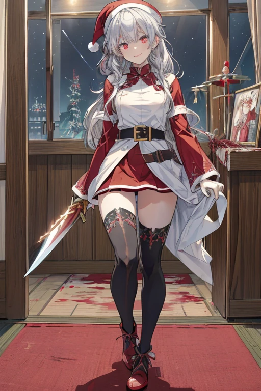 (from below:1.2),((1girl, silver hair, long hair, evil red eyes, crazy eyes, crazy smile:1.5, ), (santa clothes, santa hat, black tights, santa boots), (((holding ominous japanese sword ))), ((battlescene,slashilg,killing the mafia,blood splash)), (indoor, party room, christmas party), ((masterpiece:1.5)), ((best quality:1.5)), (ultra-detailed:1.5), (cinematic lighting, cinematic posing), (with sparkling eyes and a contagious smile),her thin pubic hair:1.2, looking at viewer