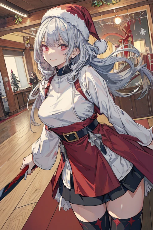 (from below:1.2),((1girl, silver hair, long hair, evil red eyes, crazy eyes, crazy smile:1.5, ), (santa clothes, santa hat, black tights, santa boots), (((holding ominous japanese sword ))), ((battlescene,slashilg,killing the mafia,blood splash)), (indoor, party room, christmas party), ((masterpiece:1.5)), ((best quality:1.5)), (ultra-detailed:1.5), (cinematic lighting, cinematic posing), (with sparkling eyes and a contagious smile),her thin pubic hair:1.2, looking at viewer