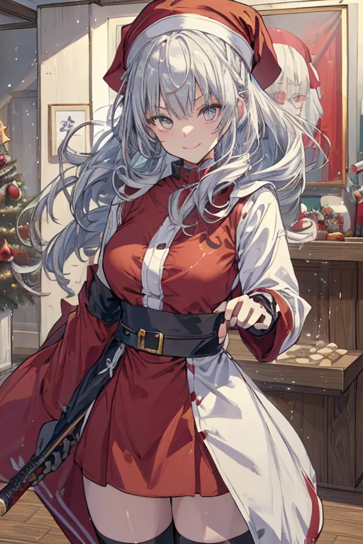 (from below:1.2),((1girl, silver hair, long hair, evil red eyes, crazy eyes, crazy smile:1.5, ), (santa clothes, santa hat, black tights, santa boots), (((holding ominous japanese sword ))), ((battlescene,slashilg,killing the mafia,blood splash)), (indoor, party room, christmas party), ((masterpiece:1.5)), ((best quality:1.5)), (ultra-detailed:1.5), (cinematic lighting, cinematic posing), (with sparkling eyes and a contagious smile),her thin pubic hair:1.2, looking at viewer