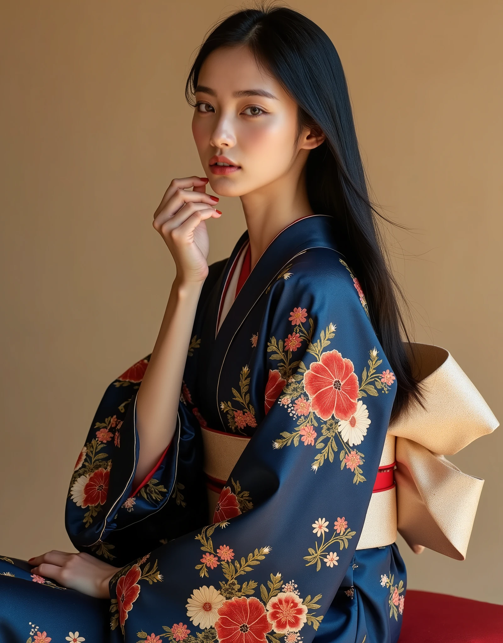 Arafed woman in a kimono sitting on a red chair - SeaArt AI