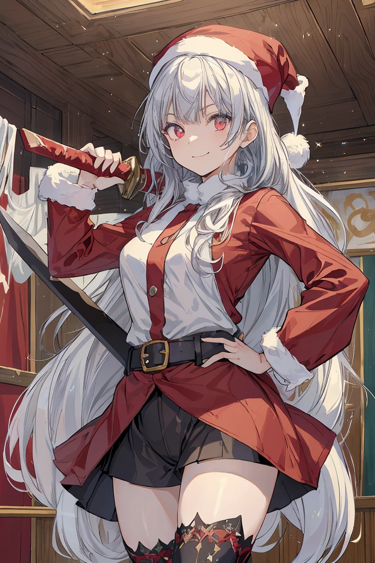 (from below:1.2),((1girl, silver hair, long hair, evil red eyes, crazy eyes, crazy smile:1.5, ), (santa clothes, santa hat, black tights, santa boots), (((holding ominous japanese sword ))), ((battlescene,slashilg,killing the mafia,blood splash)), (indoor, party room, christmas party), ((masterpiece:1.5)), ((best quality:1.5)), (ultra-detailed:1.5), (cinematic lighting, cinematic posing), (with sparkling eyes and a contagious smile),her thin pubic hair:1.2, looking at viewer