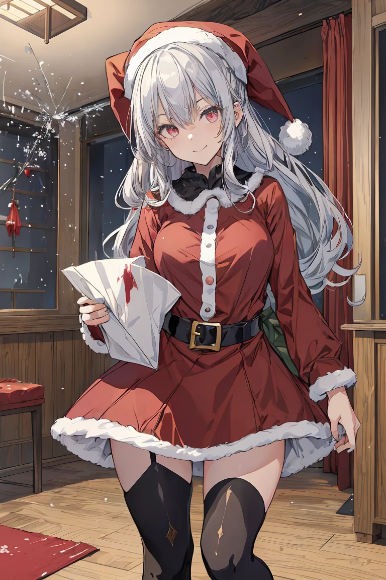 (from below:1.2),((1girl, silver hair, long hair, evil red eyes, crazy eyes, crazy smile:1.5, ), (santa clothes, santa hat, black tights, santa boots), (((holding ominous japanese sword ))), ((battlescene,slashilg,killing the mafia,blood splash)), (indoor, party room, christmas party), ((masterpiece:1.5)), ((best quality:1.5)), (ultra-detailed:1.5), (cinematic lighting, cinematic posing), (with sparkling eyes and a contagious smile),her thin pubic hair:1.2, looking at viewer