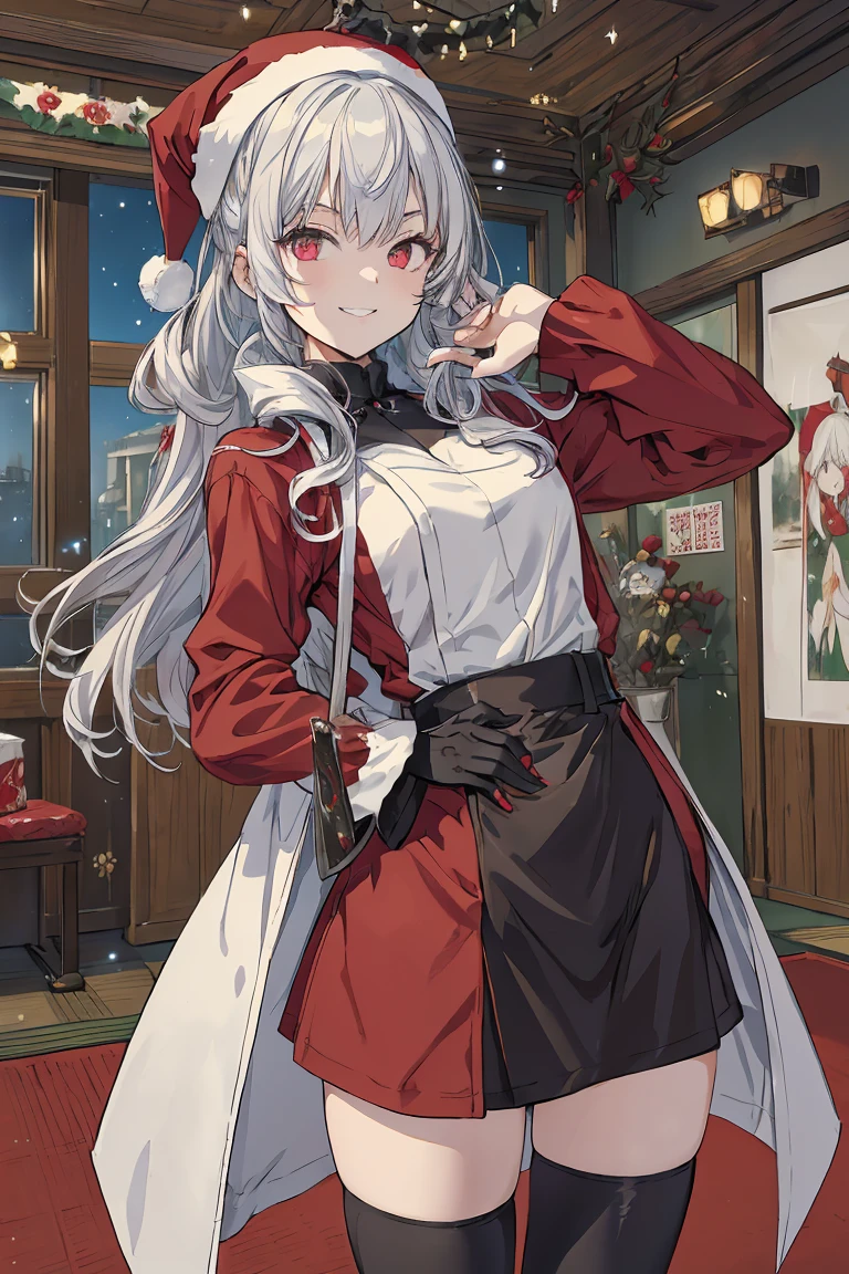 (from below:1.2),((1girl, silver hair, long hair, evil red eyes, crazy eyes, crazy smile:1.5, ), (santa clothes, santa hat, black tights, santa boots), (((holding ominous japanese sword ))), ((battlescene,slashilg,killing the mafia,blood splash)), (indoor, party room, christmas party), ((masterpiece:1.5)), ((best quality:1.5)), (ultra-detailed:1.5), (cinematic lighting, cinematic posing), (with sparkling eyes and a contagious smile),her thin pubic hair:1.2, looking at viewer