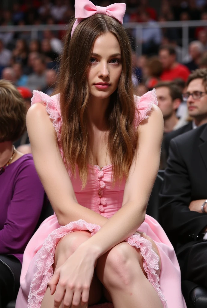 Slim tall athletic woman, age 25, 8k (High definition), looks like ElenaKoshkaQuiron, beautiful, blue big bug eyes, wearing a frilly pink ****ta dress, sissy, high petticoat skirt, bow in her hair, bow in her hair, white stockings,dressed in a sexy pink maid outfit, Caucasian pale skin, wavy thick dark brown hair, , small perky breasts,  sitting courtside at an nba game, nba crowd background, legs crossed, pink sissy heels,