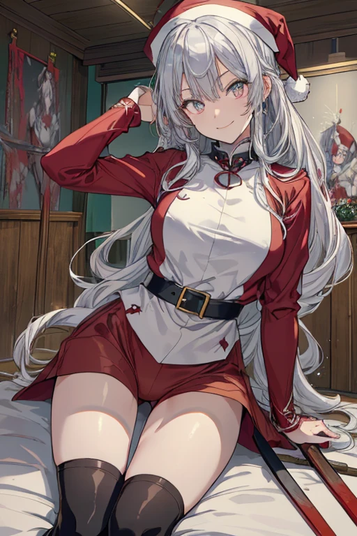 (from below:1.2),((1girl, silver hair, long hair, evil red eyes, crazy eyes, crazy smile:1.5, ), (santa clothes, santa hat, black tights, santa boots), (((holding ominous japanese sword ))), ((battlescene,slashilg,killing the mafia,blood splash)), (indoor, party room, christmas party), ((masterpiece:1.5)), ((best quality:1.5)), (ultra-detailed:1.5), (cinematic lighting, cinematic posing), (with sparkling eyes and a contagious smile),her thin pubic hair:1.2, looking at viewer