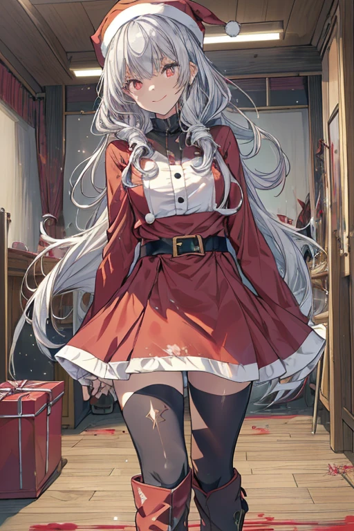 (from below:1.2),((1girl, silver hair, long hair, evil red eyes, crazy eyes, crazy smile:1.5, ), (santa clothes, santa hat, black tights, santa boots), (((holding ominous japanese sword ))), ((battlescene,slashilg,killing the mafia,blood splash)), (indoor, party room, christmas party), ((masterpiece:1.5)), ((best quality:1.5)), (ultra-detailed:1.5), (cinematic lighting, cinematic posing), (with sparkling eyes and a contagious smile),her thin pubic hair:1.2, looking at viewer