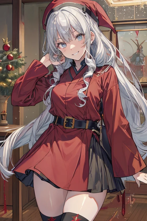 (from below:1.2),((1girl, silver hair, long hair, evil red eyes, crazy eyes, crazy smile:1.5, ), (santa clothes, santa hat, black tights, santa boots), (((holding ominous japanese sword ))), ((battlescene,slashilg,killing the mafia,blood splash)), (indoor, party room, christmas party), ((masterpiece:1.5)), ((best quality:1.5)), (ultra-detailed:1.5), (cinematic lighting, cinematic posing), (with sparkling eyes and a contagious smile),her thin pubic hair:1.2, looking at viewer