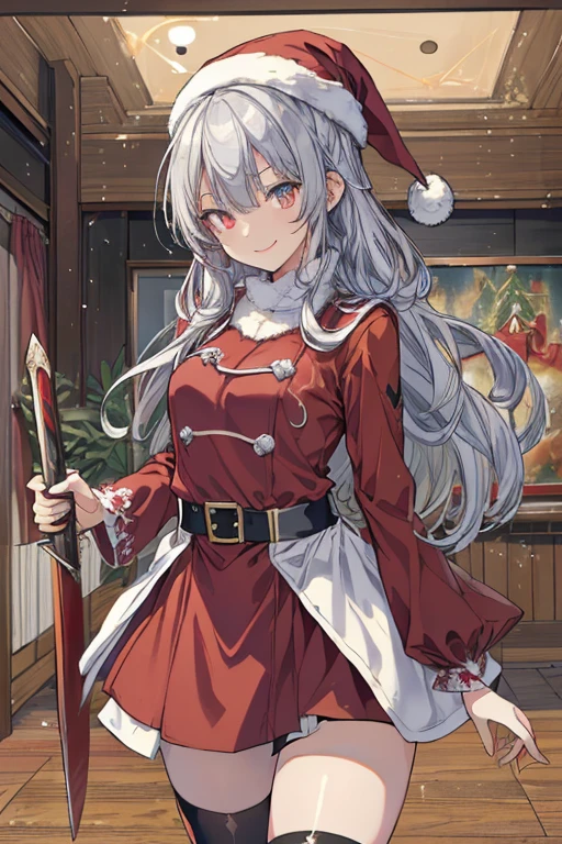 (from below:1.2),((1girl, silver hair, long hair, evil red eyes, crazy eyes, crazy smile:1.5, ), (santa clothes, santa hat, black tights, santa boots), (((holding ominous japanese sword ))), ((battlescene,slashilg,killing the mafia,blood splash)), (indoor, party room, christmas party), ((masterpiece:1.5)), ((best quality:1.5)), (ultra-detailed:1.5), (cinematic lighting, cinematic posing), (with sparkling eyes and a contagious smile),her thin pubic hair:1.2, looking at viewer