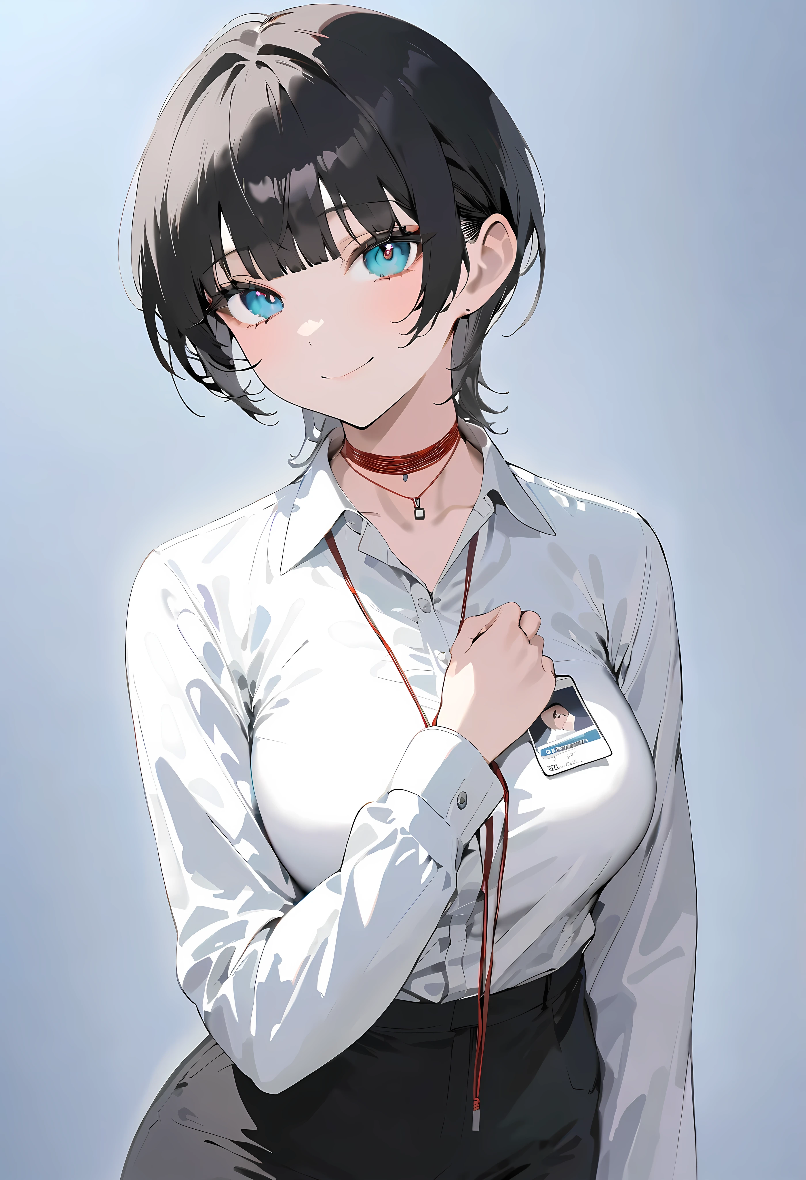 White collar、 white shirt{{{masterpiece}}}, {{{ top quality}}}, {{  super detailed  }}, {  beautiful detailed eyes},, Teal Eyelids、 ((  black hair)),(bangs),  white shirt、  Black Pants 、  I have an employee ID card hanging from my neck with a red string、Smile at me、  Black Pants  、  adult female 、  white long sleeve shirt、 long  Black Pants  、whole body、whole body