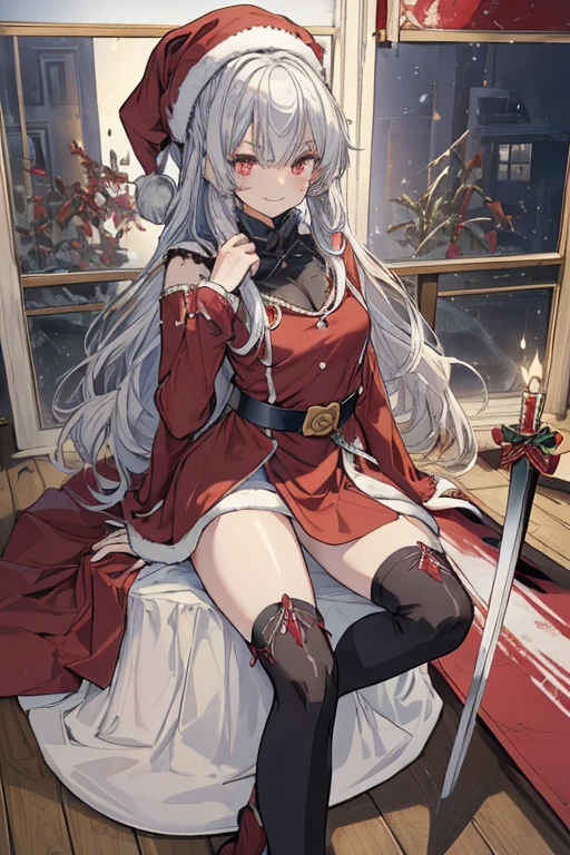 (from below:1.2),((1girl, silver hair, long hair, evil red eyes, crazy eyes, crazy smile:1.5, ), (santa clothes, santa hat, black tights, santa boots), (((holding ominous japanese sword ))), ((battlescene,slashilg,killing the mafia,blood splash)), (indoor, party room, christmas party), ((masterpiece:1.5)), ((best quality:1.5)), (ultra-detailed:1.5), (cinematic lighting, cinematic posing), (with sparkling eyes and a contagious smile),her thin pubic hair:1.2, looking at viewer