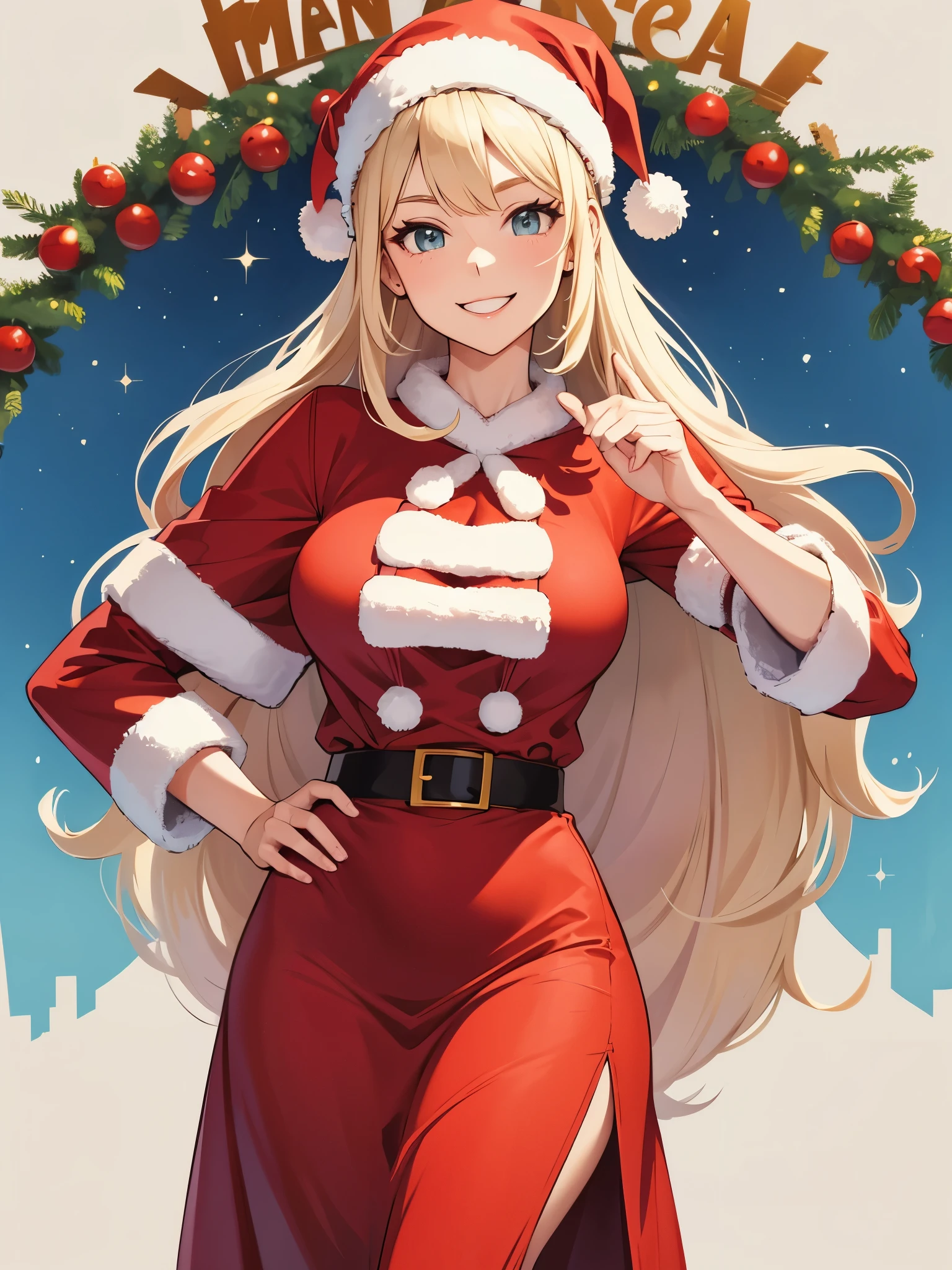 Girl with blonde long hair, dressed as Santa Claus