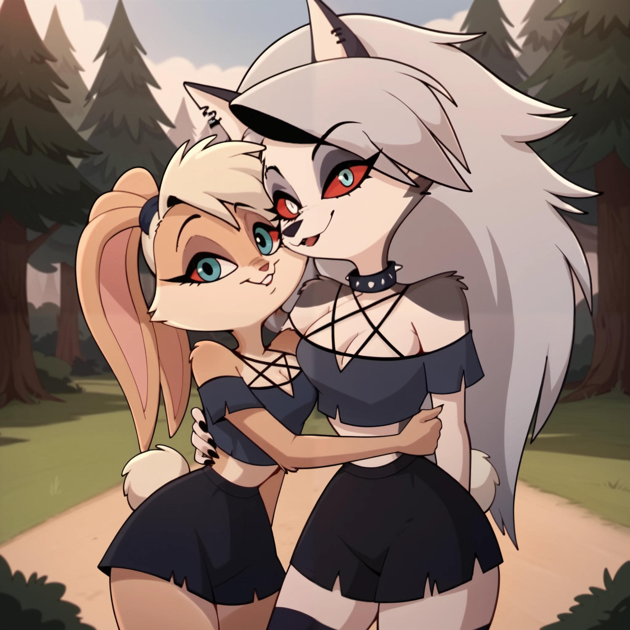 Loona \(Helluva Boss\) with wolf tail BREAK l0l4 bunny with white sclera with blue eyes and rabbit tail, sexy pose, seductive, flirting, looking at viewer, sexy clothes, cleavage, thigh, short skirt, sexy, loona and l0l4 bunny hugging each other, standing together, forest
