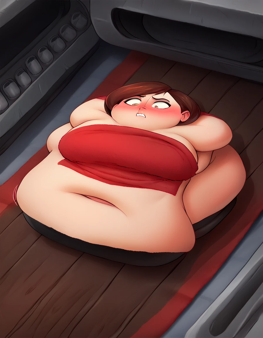 Helen parr , wide big hips, legwear,  obese shocked, blush , on back, paper thin, flattened girl, flattened, on floor, lying on floor, roll press, factory, rollers,(towel body:1.3)