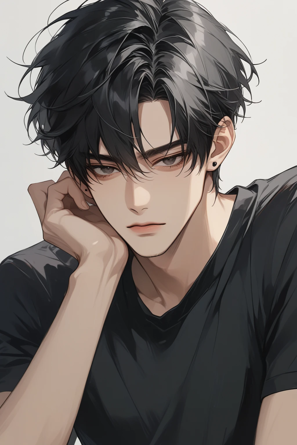 (score_9, score_8_up), short hair, masterpiece, best quality, 1 man , black hair , perfect face , black eye , handsome male , Alone, adult male , delicate line drawingimpasto, masterpiece, high resolution, Top quality, unique , 1 male , nice , tanned skin , black haired, black t-shirts, fixer-upper