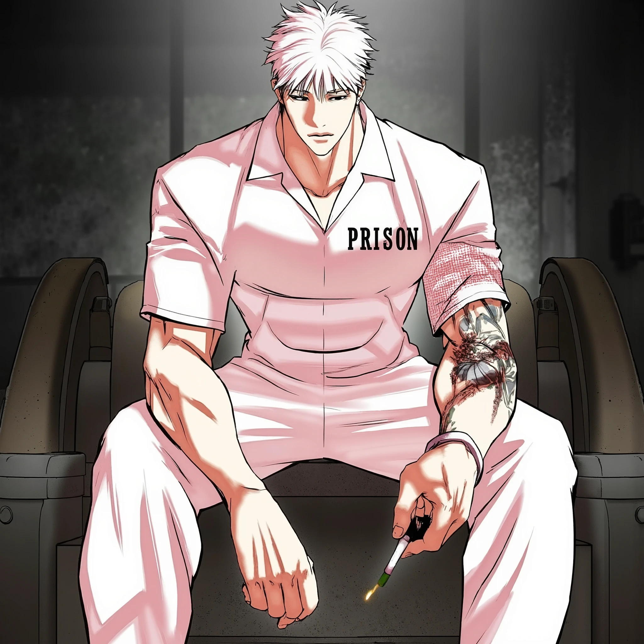 A character from the "Lookism Manhwa" a muscular man with short, spiky white hair and a stern expression, wearing a white jumpsuit with "Prison" written on the chest. He is sitting on a metal chair with his legs crossed, one hand resting on his knee, and the other holding a cigarette. He has a tattoo on his left arm and a serious, intense gaze.