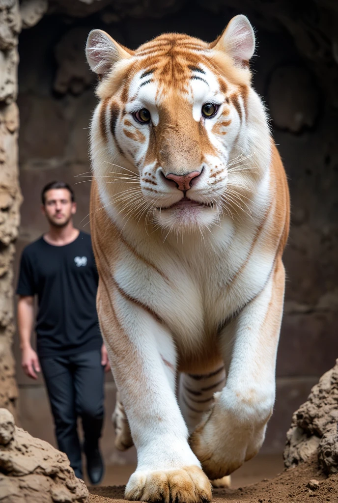 A man walks alongside a giant white tiger and faces directly at the camera,the tiger is larger than usual .