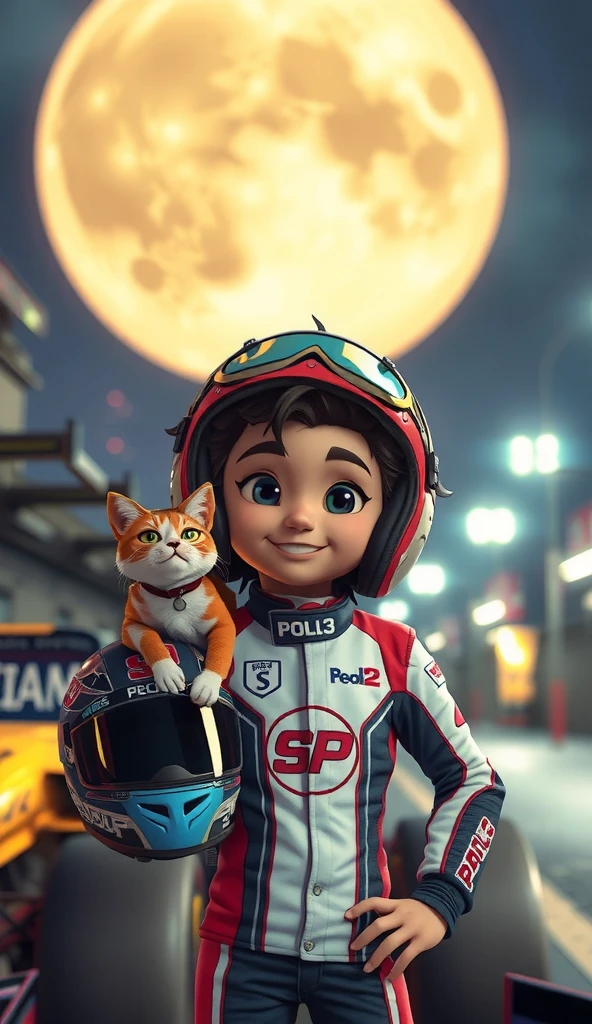 3D Cartoon a Smile Thai boy messy hair goggles on head and calico cat . He’s dressed in a white-blue-red Racing suit "SP", he holding helmet No 2, a Calico cat on his helmet, he standing beside racing car, Night ,super moon (Big Moon). 