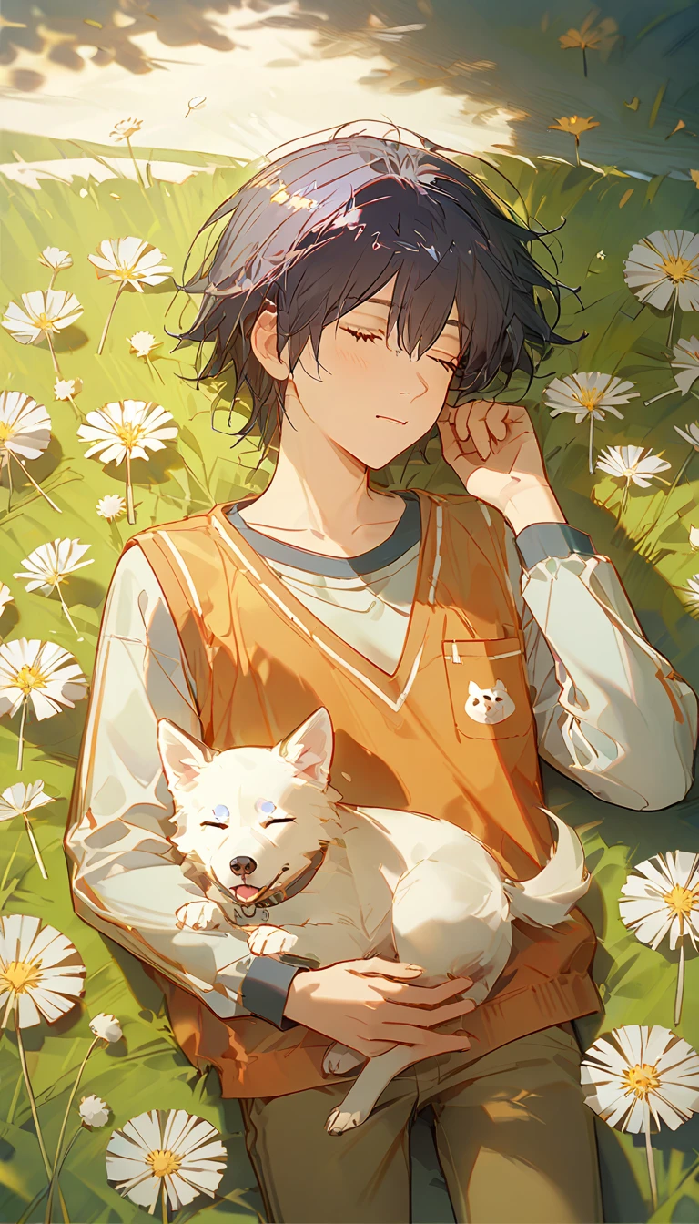 ((masterpiece), (best quality), (8k), (4k), (Solo), ((boy), (sleeping), (dark blue hair with red stripes)), ((Light blue shirt with long sleeve), (short pale brown pants with pocket)), lay down on the field, ((white puppy sleeping next to the boy), (siberian husky), (white puppy)), ((white dandelions fields), (dandelions Taraxacum erythrosperm), (Dandelion Seed)), wind blowing, sleeping on the fields, finely detailed eyes and detailed face, inspired by Asukaziye artist : ask, art style : ask