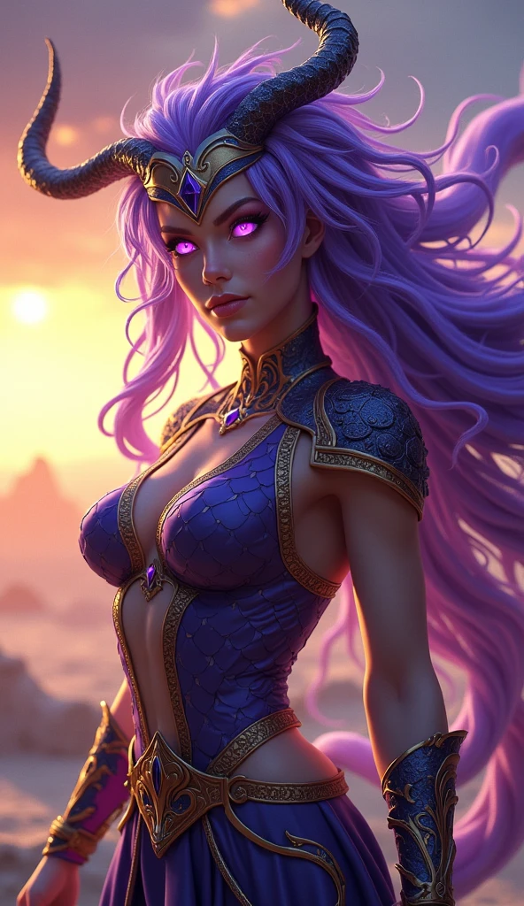 Create a half dragon woman, ancient, desert environment, Dragons, magenta, greenish, red eyes, angry, apocalyptic, shadows,