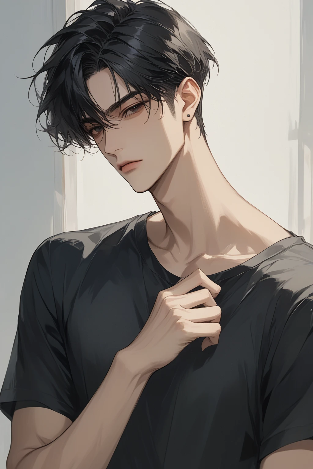 (score_9, score_8_up), medium hair, masterpiece, best quality, 1 man , black hair , perfect face , black eye , handsome male , Alone, adult male , delicate line drawingimpasto, masterpiece, high resolution, Top quality, unique , 1 male , nice , tanned skin , black haired, black t-shirts, a dirty person