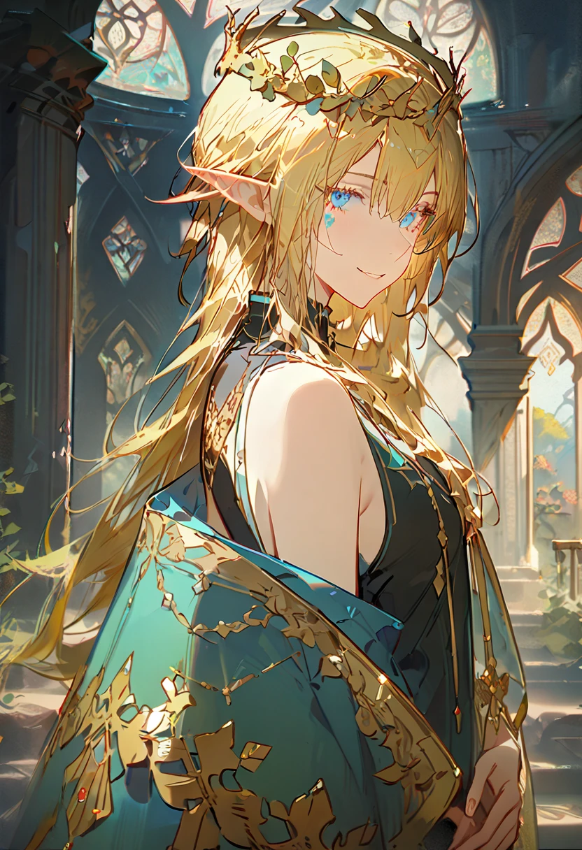 ((masterpiece), (best quality), (8k) ,(4k)) , ((male), (1 person)) ((elf King)), ((Golden Blond), (Blue greenish eyes), (gold wreath crown), (hair ornament), (long hair), (finely detailed eyes and detailed face)), looking at viewer, ((black sleeveless), (half robe), (patterned clothes), (gold embroidery clothes), (meticulous clothes)), majestic looks, smiling gently, small bird, full body, inspired by Asukaziye artist : ask, art style : ask