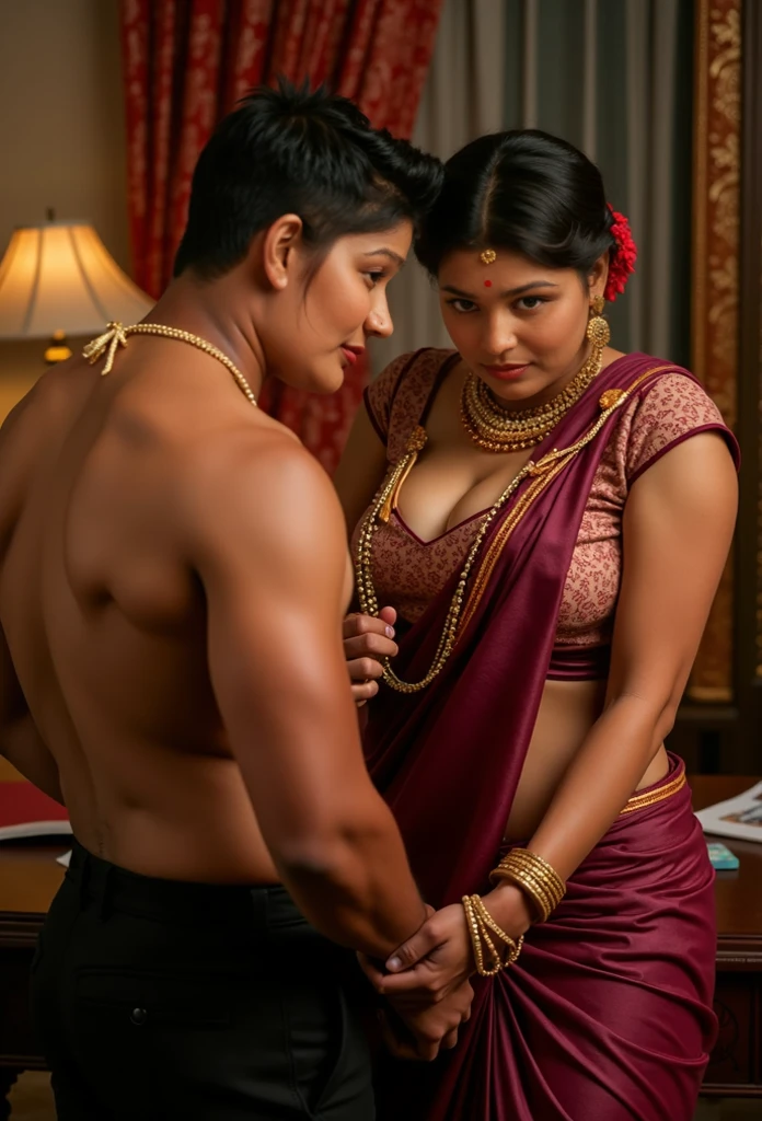 A radiant South Indian 35 year old aunty , having sex with a 25 year old boy in bed room. Full body image 